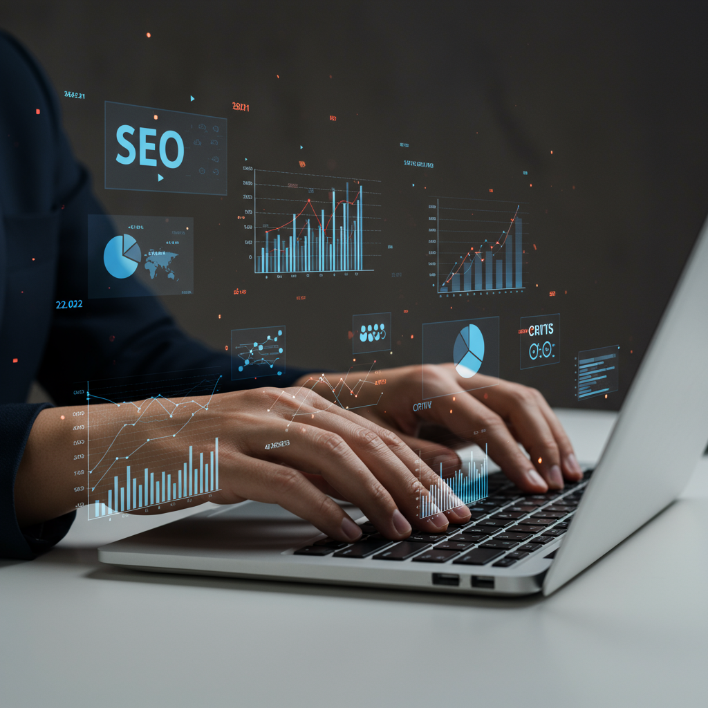 Ręce piszące na klawiaturze laptopa, z danymi analitycznymi wyświetlanymi na ekranie, symbolizujące techniczne SEO
