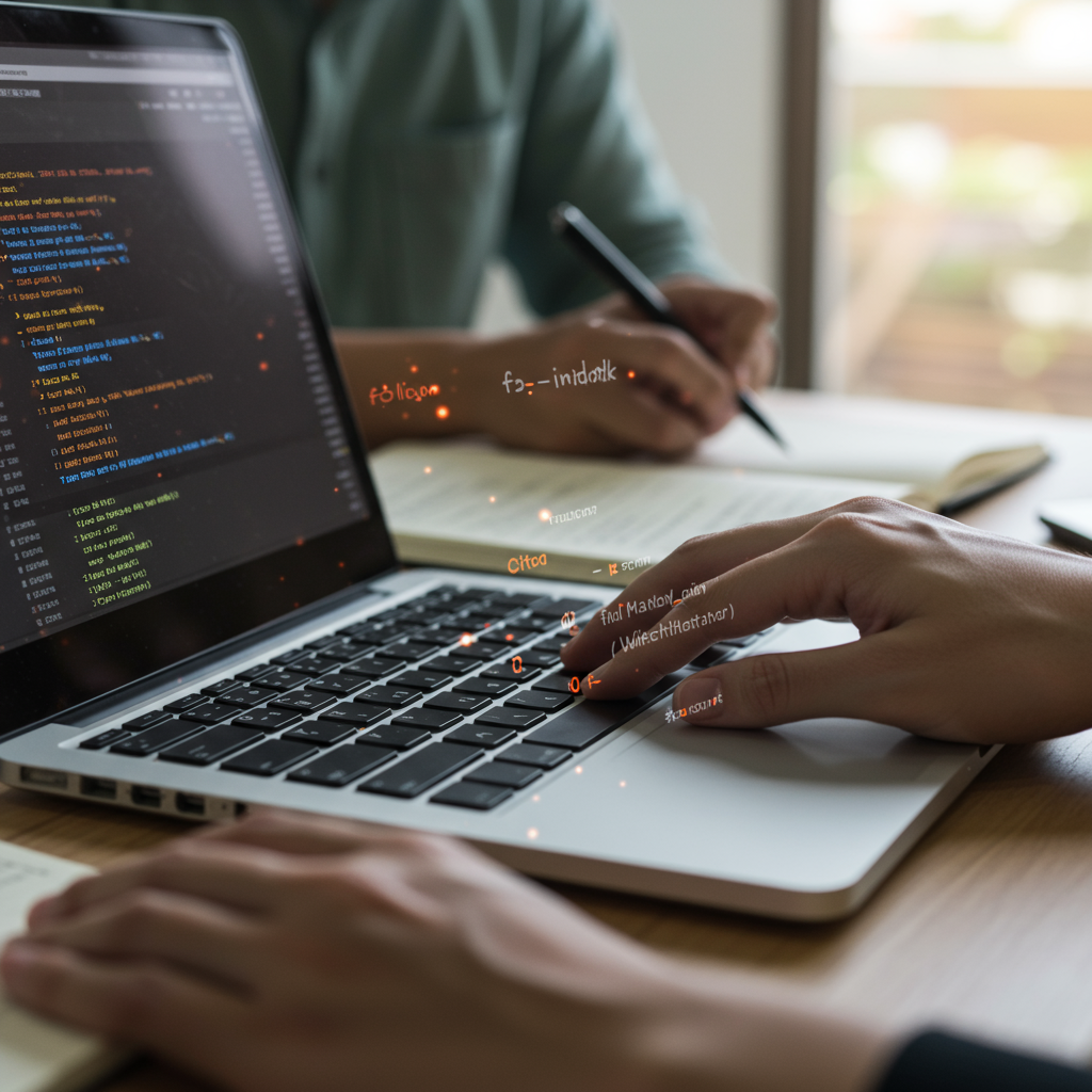 Ręce piszące na laptopie i notujące pomysły, symbolizujące proces SEO copywritingu.