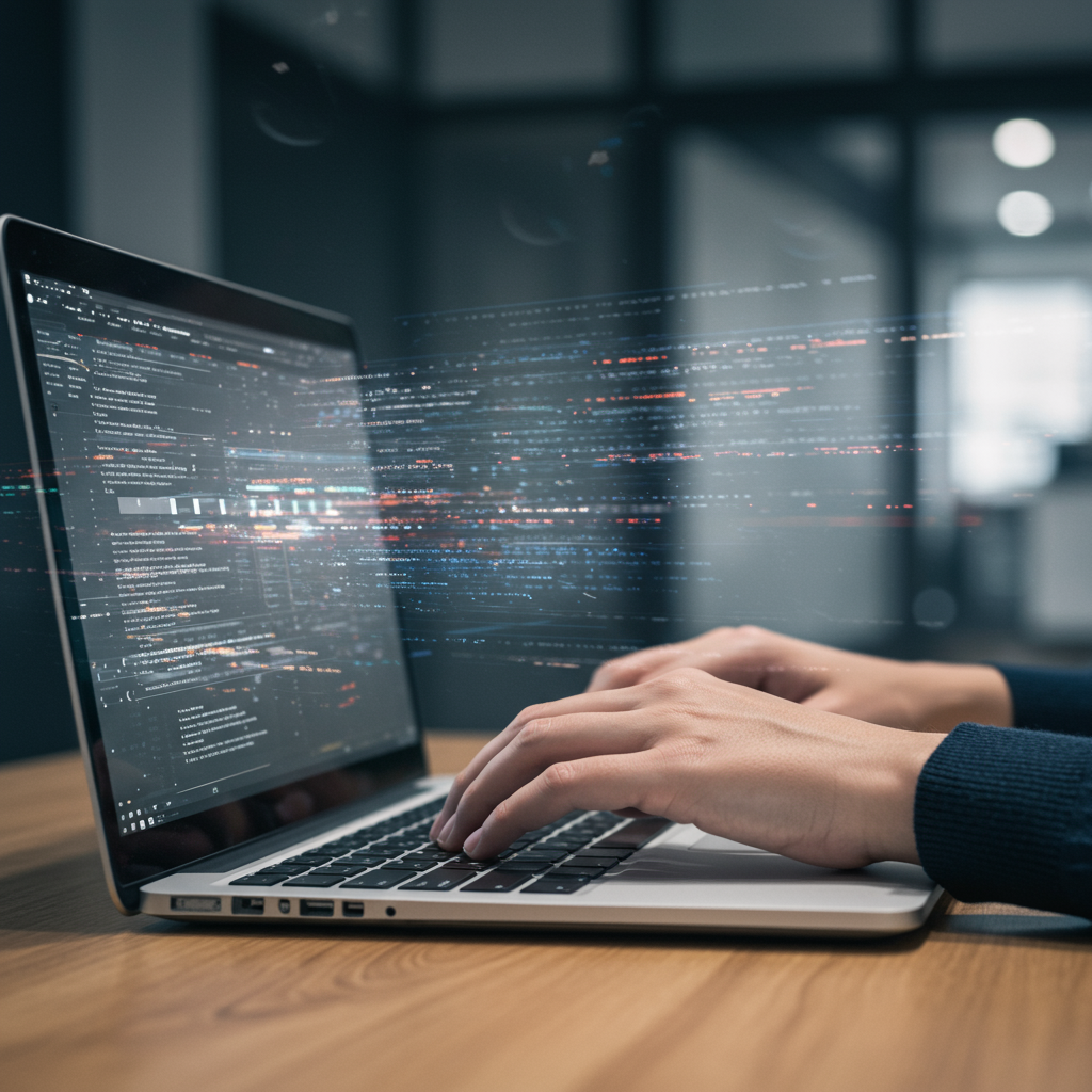 Ręce szybko piszące na klawiaturze laptopa, symbolizujące precyzyjną i szybką migrację stron internetowych.