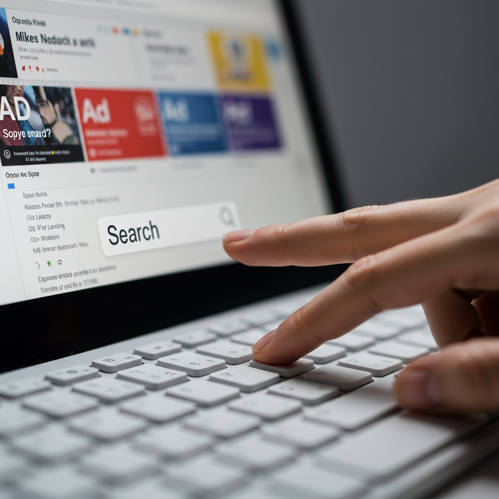 Ręka gotowa do wyszukania frazy w wyszukiwarce Google z widocznymi reklamami