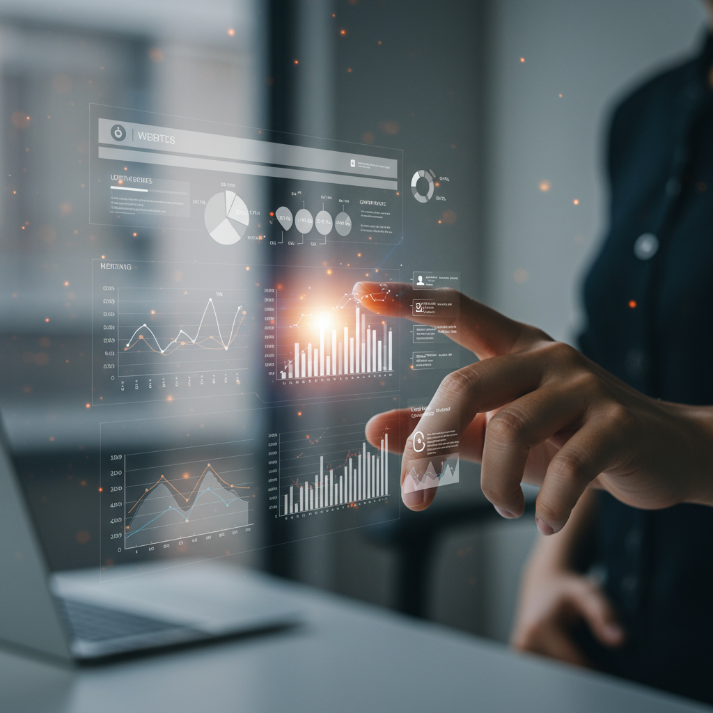 Ręka obsługująca cyfrowy interfejs z metrykami wydajności strony internetowej