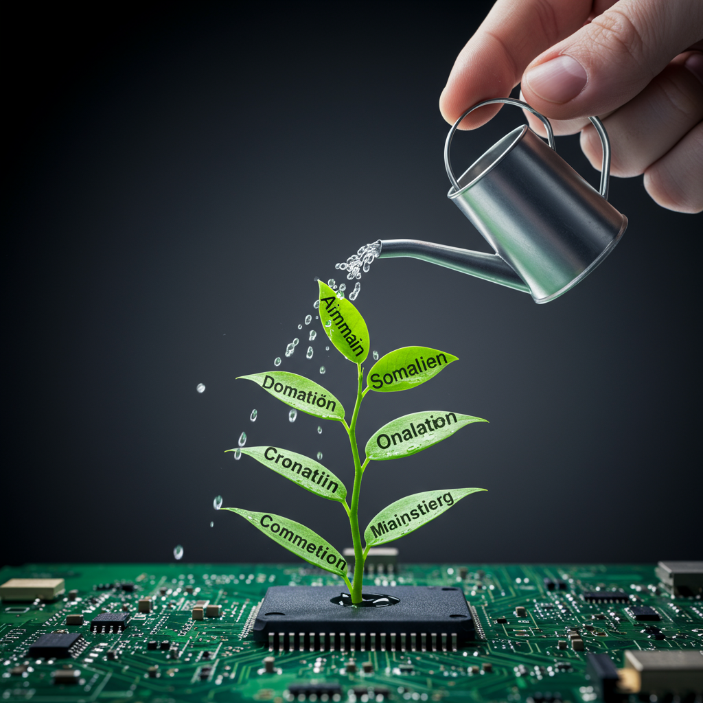 Ręka podlewająca cyfrową roślinę z nazwami domen na liściach