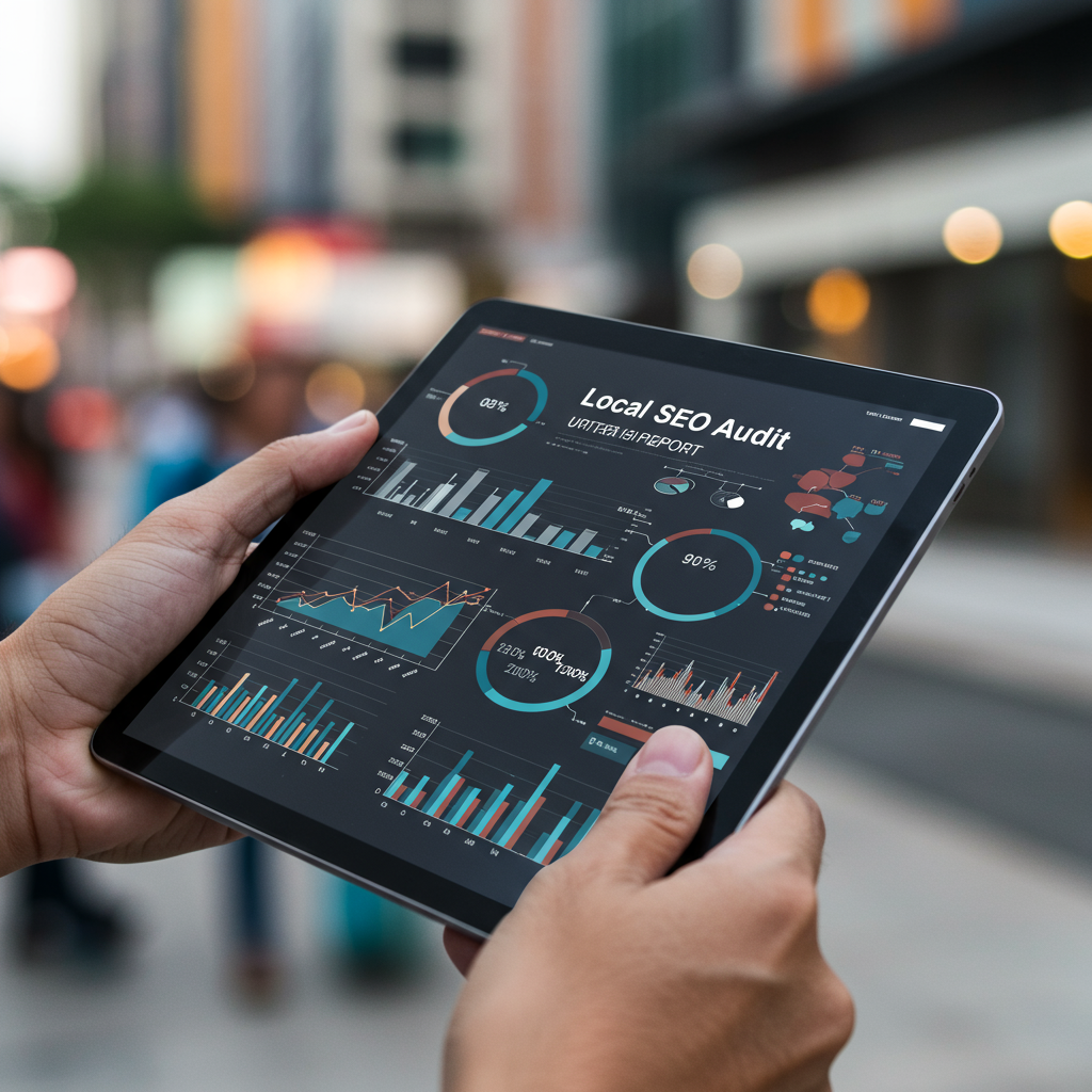 Ręka trzymająca tablet z raportem audytu lokalnego SEO.