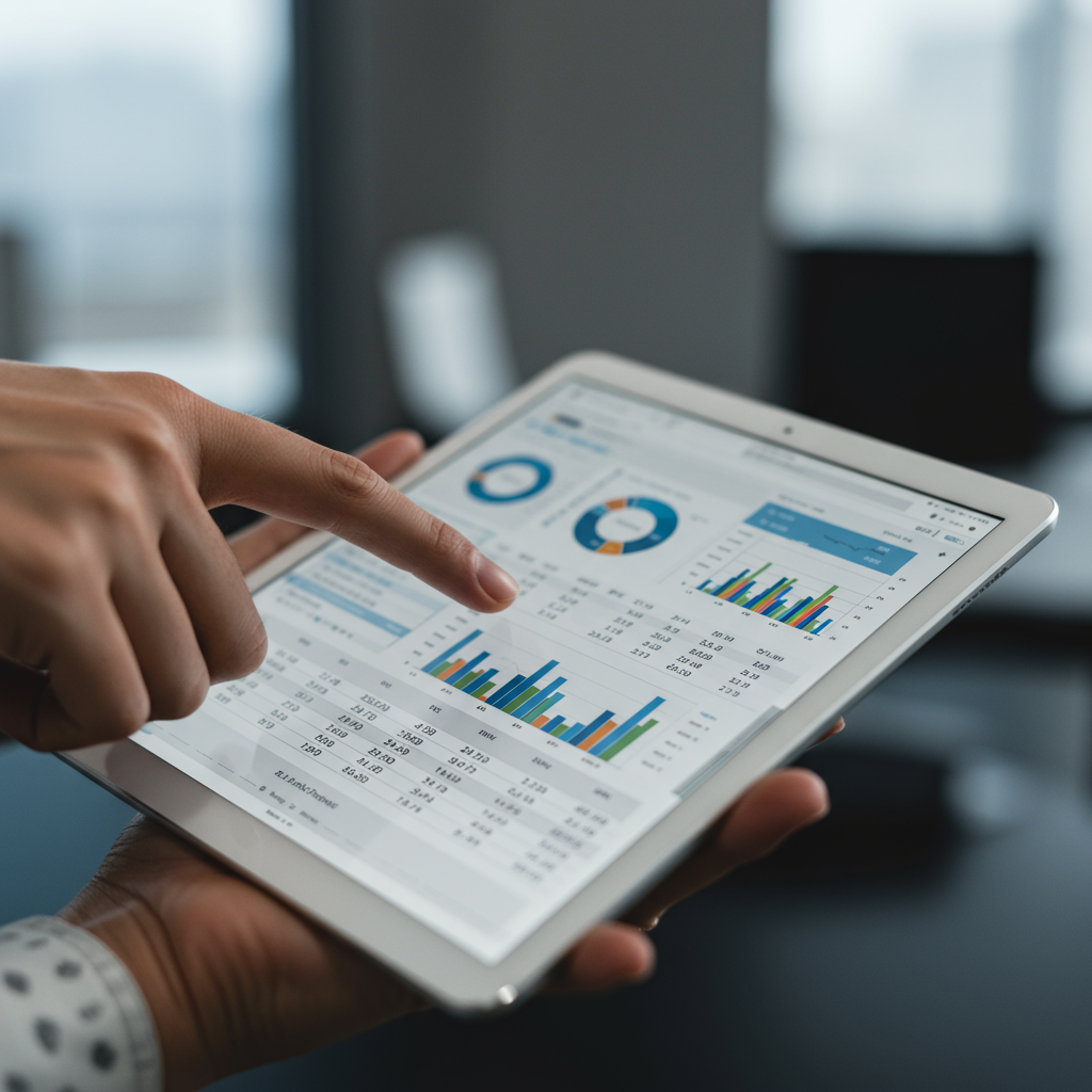 Ręka wskazująca na tablet z arkuszem kalkulacyjnym do wyceny domen