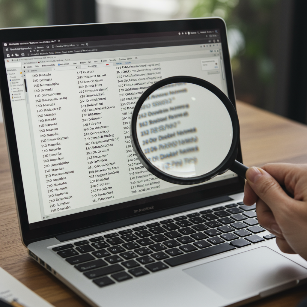 Ręka z lupą nad ekranem laptopa z listą domen