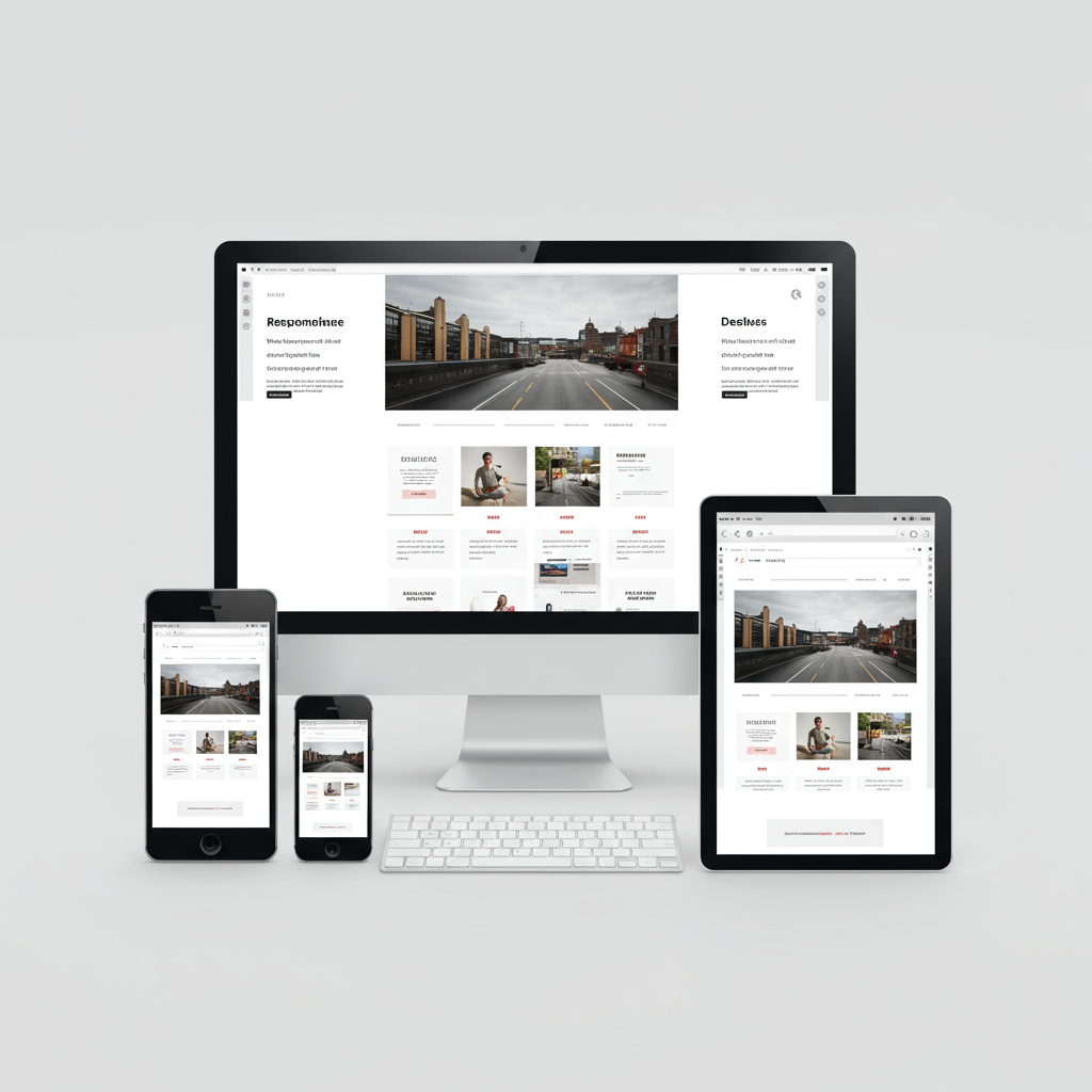 Responsywna strona internetowa wyświetlana na różnych urządzeniach: komputerze, tablecie i smartfonie