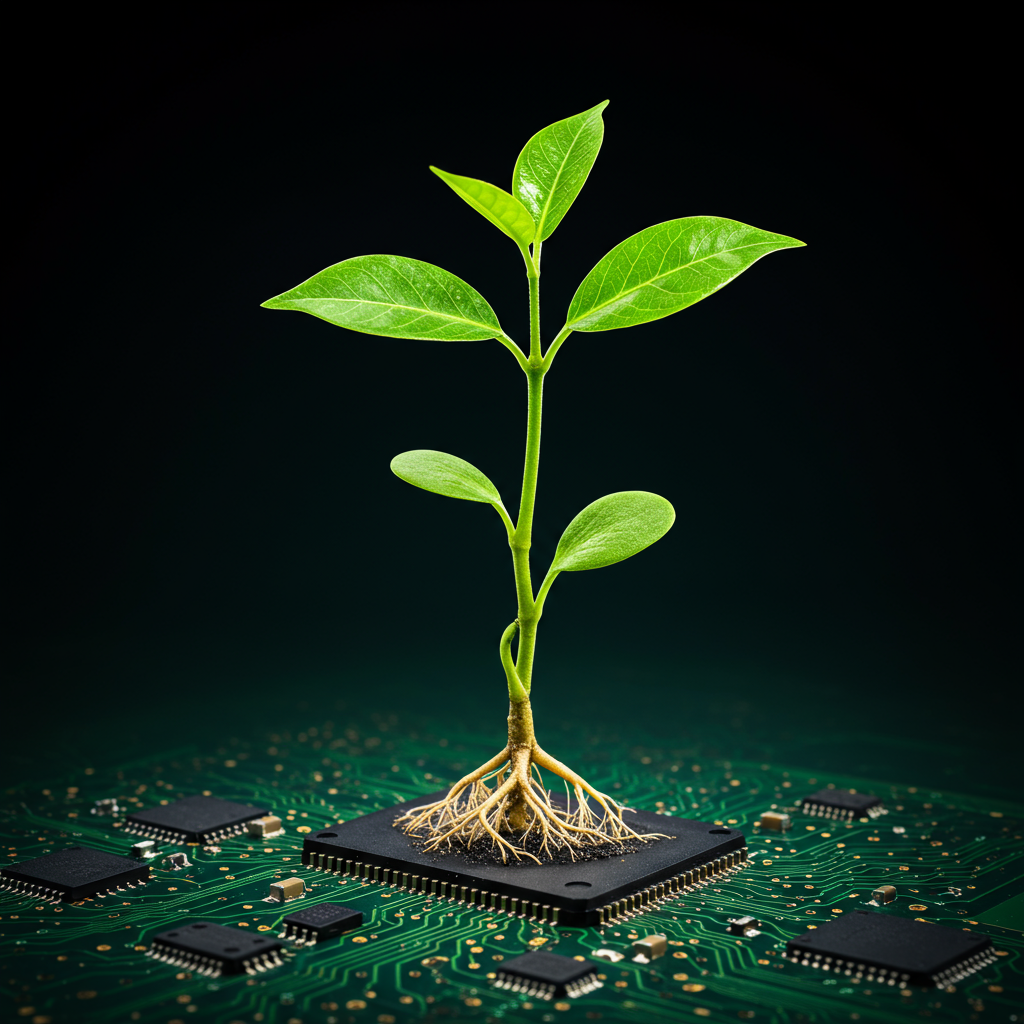 Roślina rosnąca z płytki drukowanej, symbolizująca trwały wzrost dzięki SEO copywritingowi