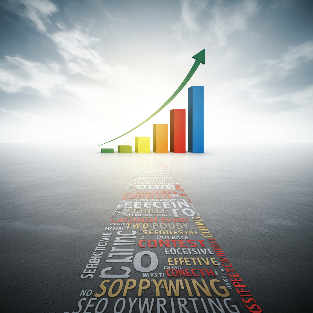 Ścieżka zbudowana ze słów prowadząca do rosnącego wykresu, symbolizująca wzrost biznesowy dzięki SEO copywritingowi