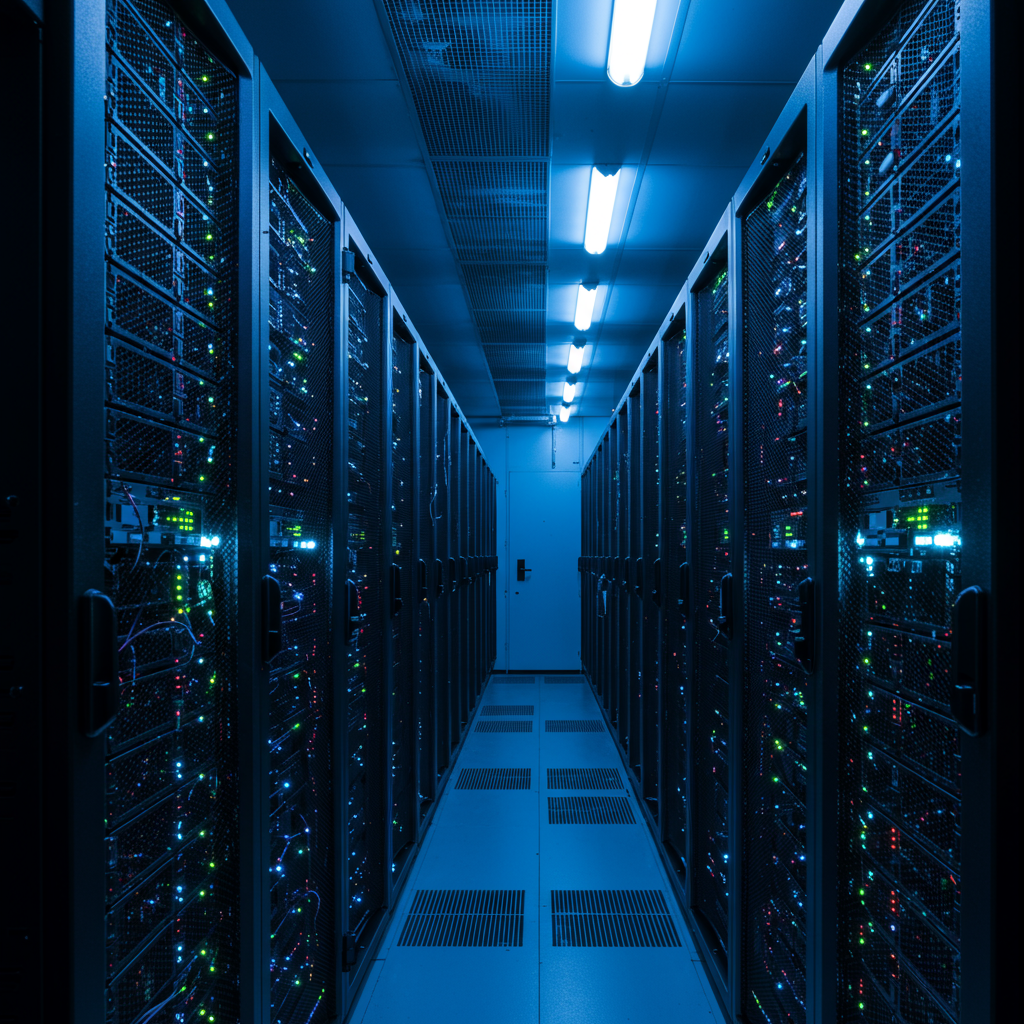Serwerownia z rzędami serwerów i migającymi diodami, symbolizująca zaawansowany hosting stron.