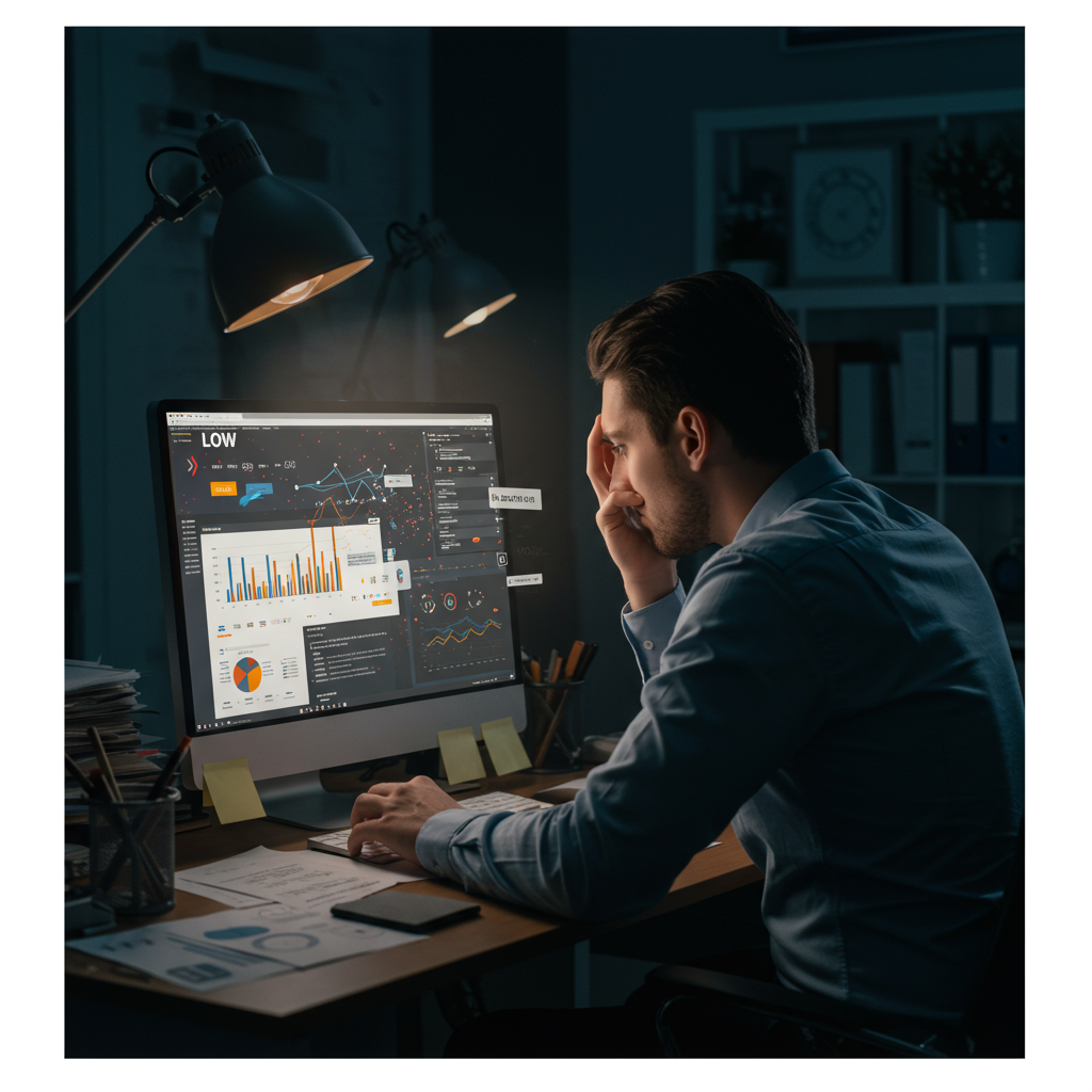 Sfrustrowany właściciel agencji interaktywnej analizujący słabe wyniki SEO