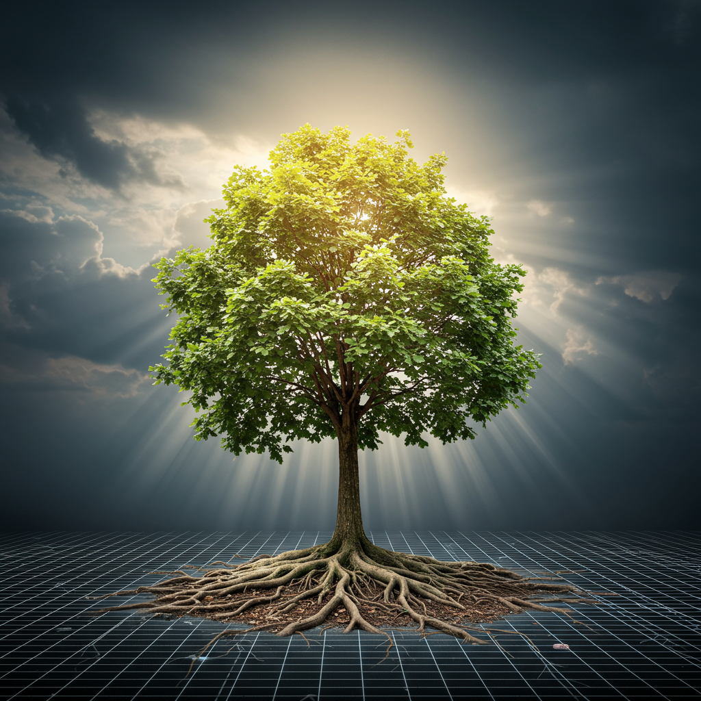 Silne drzewo rosnące z cyfrowej sieci, symbolizujące trwały wizerunek online