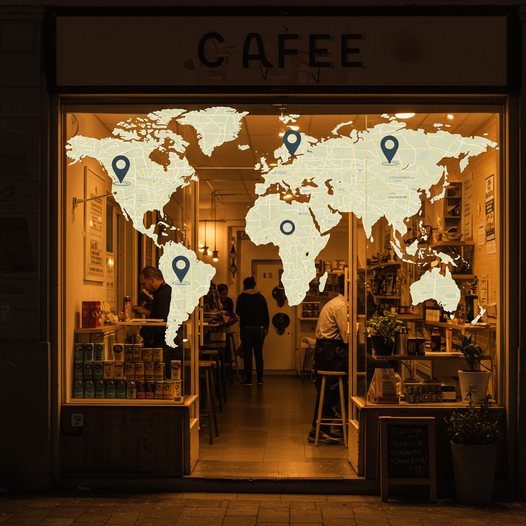 Sklep stacjonarny z nakładką mapy cyfrowej, obrazujący ruch klientów i zaangażowanie lokalne.