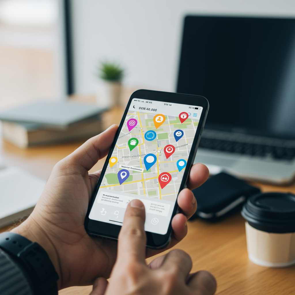 Smartfon wyświetlający mapę z lokalnymi punktami biznesowymi