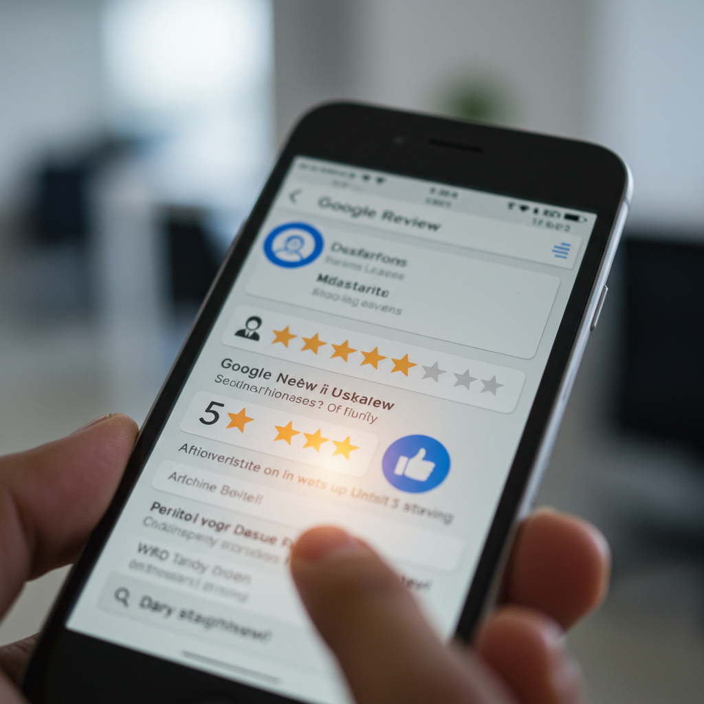 Smartfon wyświetlający pozytywną recenzję klienta na profilu Google Maps