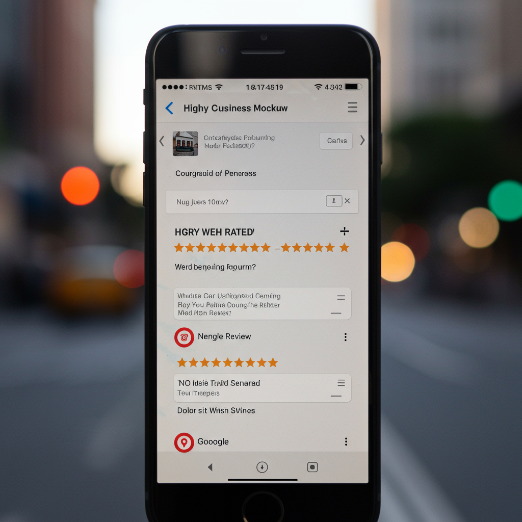 Smartfon wyświetlający pozytywne recenzje i wysoką ocenę firmy w Google Maps