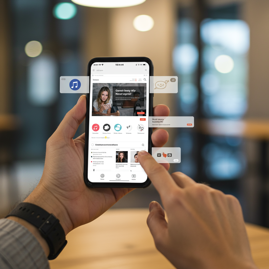 Smartfon wyświetlający różnorodne kanały mediów społecznościowych i stronę internetową.