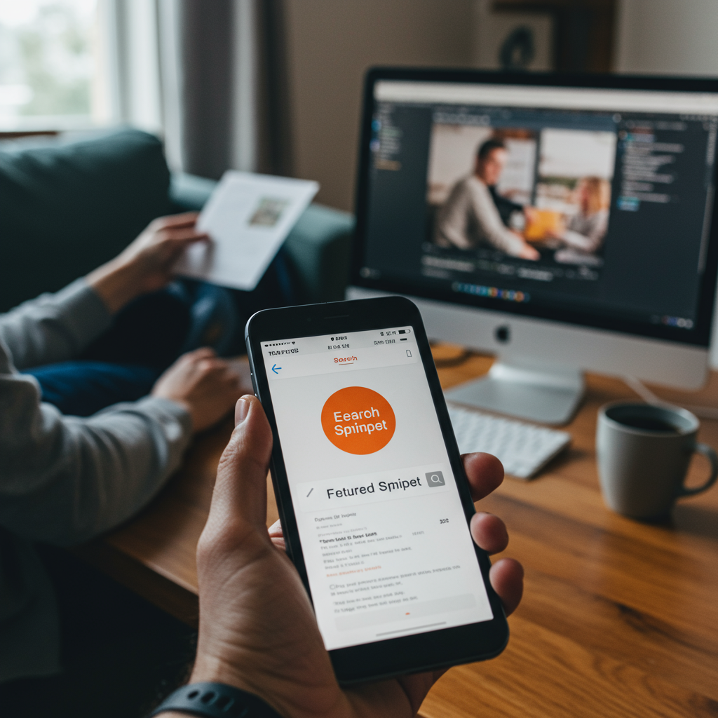 Smartfon wyświetlający wyniki wyszukiwania Google (SERP) i osoba czytająca bloga, ilustrujące ścieżkę użytkownika.