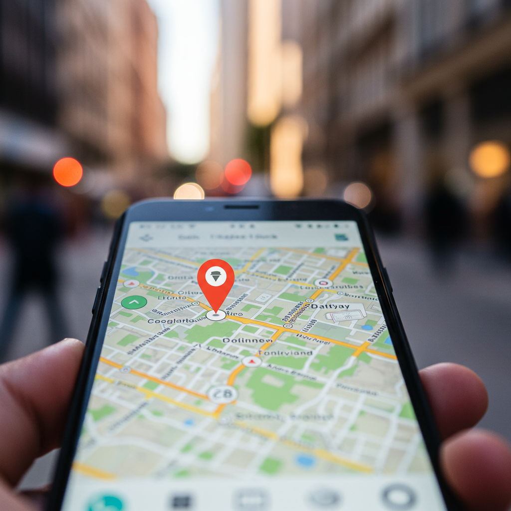 Smartfon z wizytówką firmy na Google Maps na tle ruchliwej ulicy