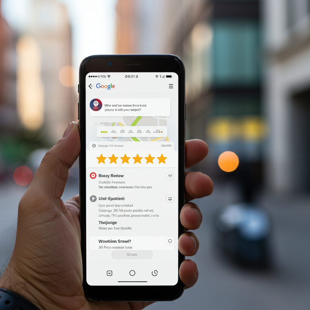 Smartfon z wyświetloną pozytywną recenzją na wizytówce Google Maps.