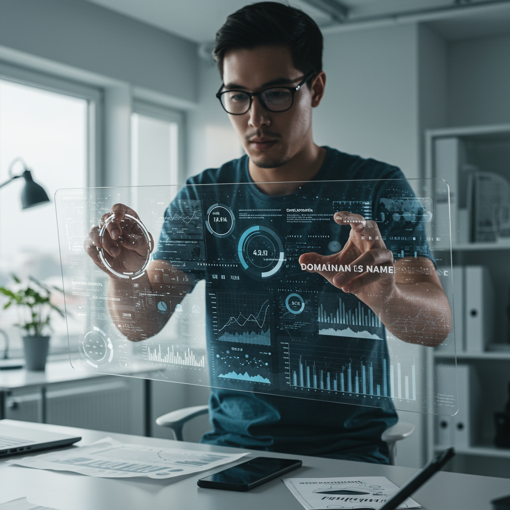 Specjalista analizujący dane dotyczące inwestowania w domeny na nowoczesnym ekranie