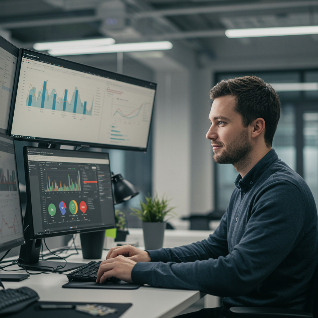 Specjalista analizujący dane z kampanii Google Ads na wielu monitorach