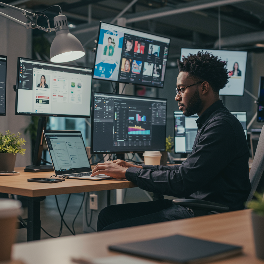 Specjalista ds. obsługi social media planujący strategię w nowoczesnym biurze