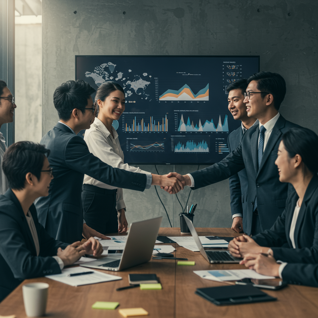 Spotkanie biznesowe z widocznym panelem analitycznym w tle, symbolizujące sukces