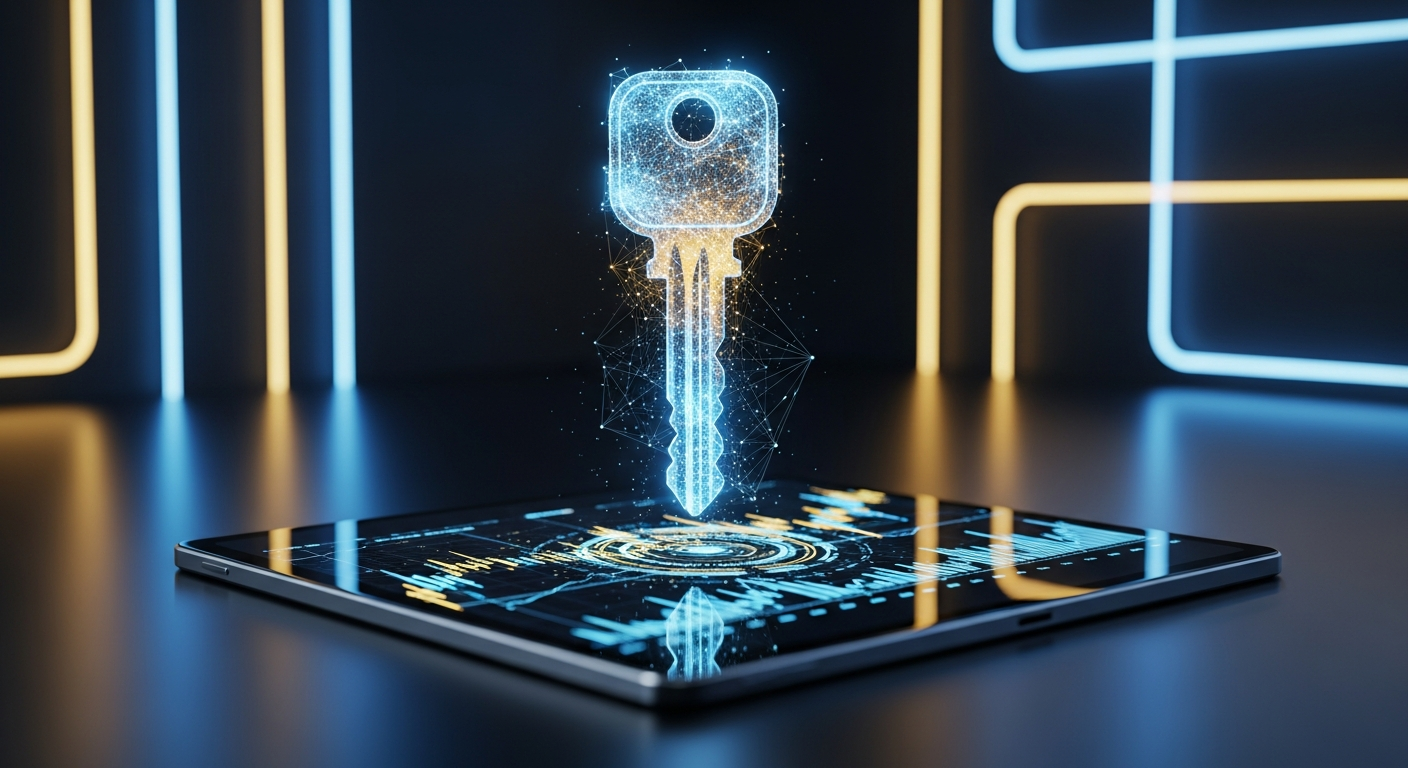 Cyfrowy klucz symbolizujący sprzedaż domen i zyski z rynku wtórnego