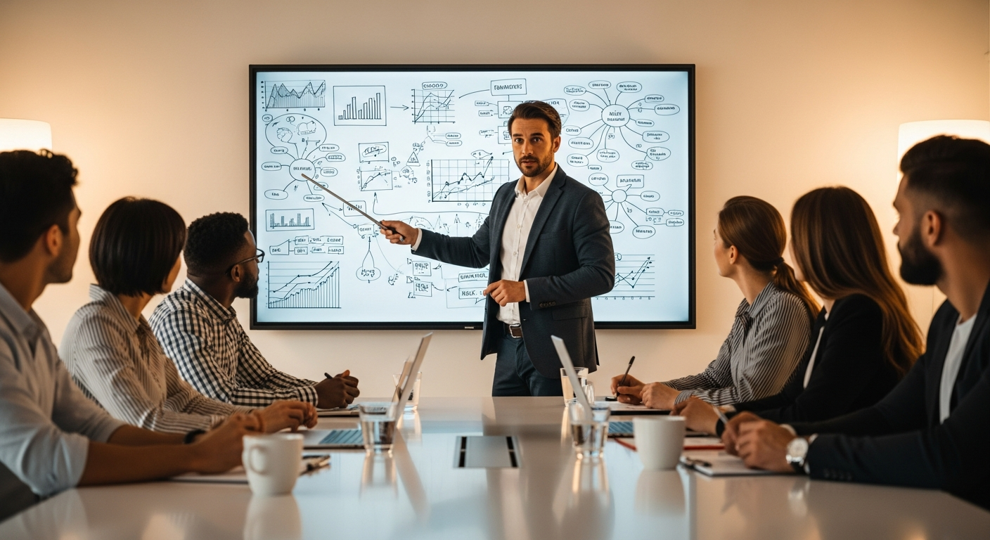 Zespół Agencji Interaktywnej omawiający strategię content marketing dla klienta z branży budowlanej