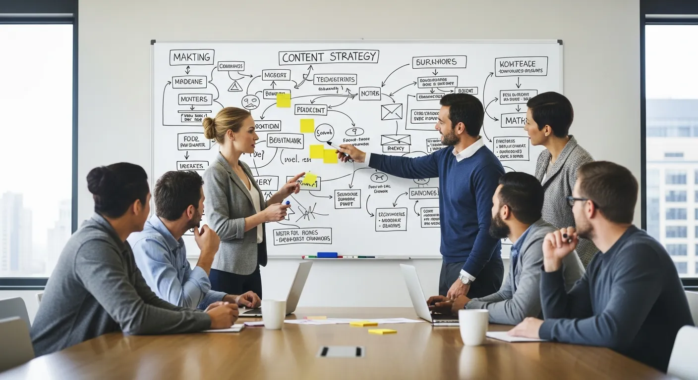 Zespół Agencji Interaktywnej omawiający strategię content marketingu przy tablicy