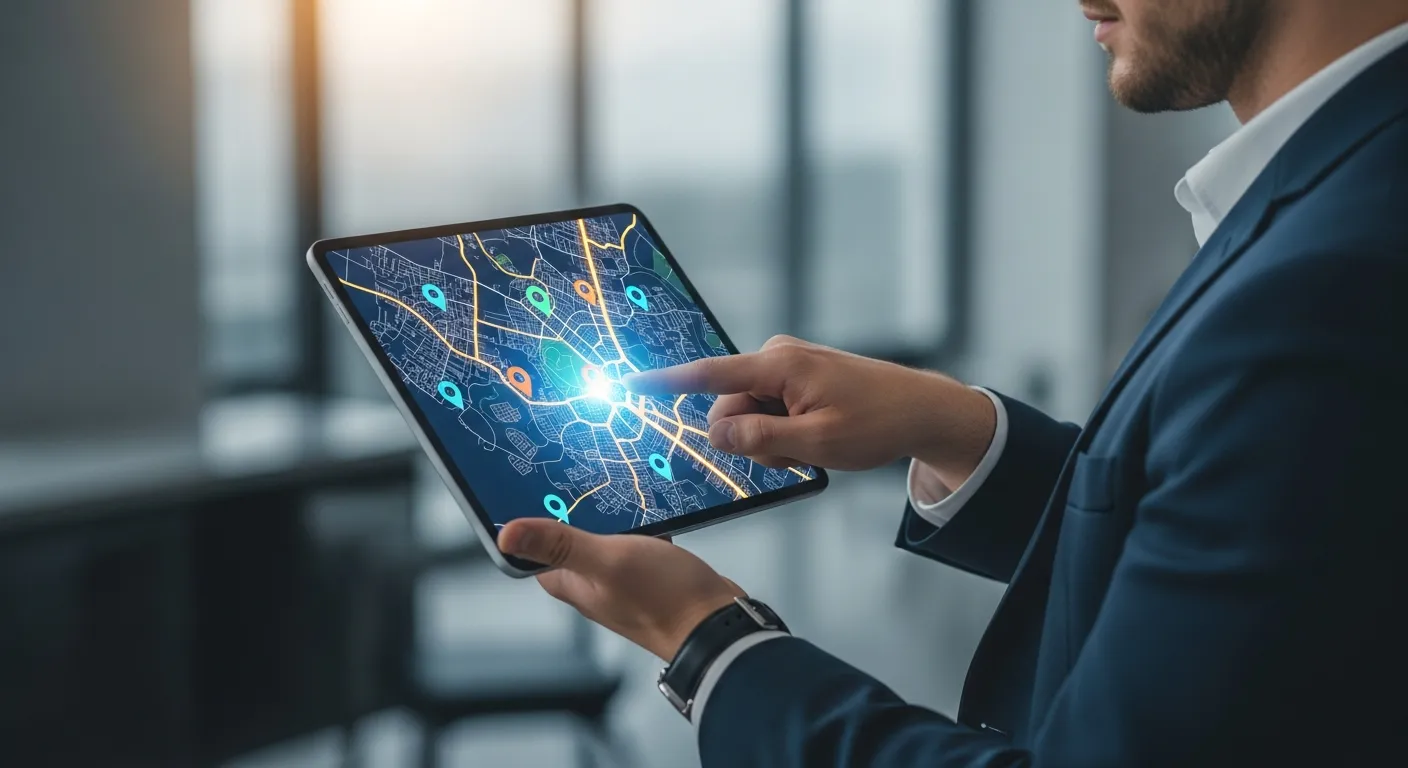 Właściciel firmy analizujący strategię marketingu lokalnego na tablecie