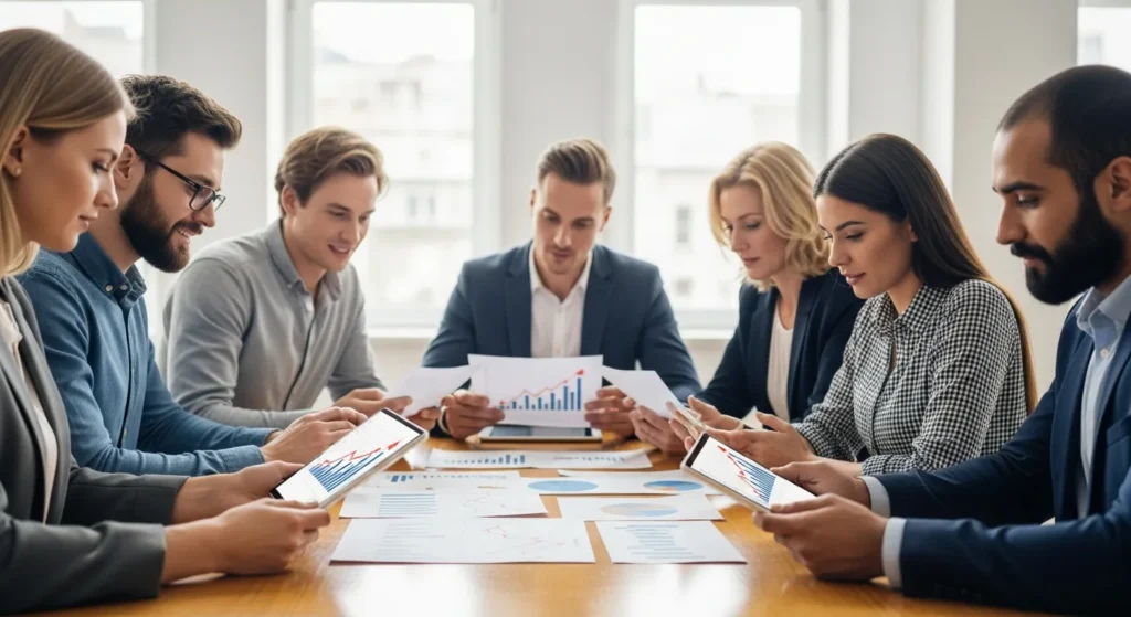Zespół ekspertów analizujący strategie marketingowe i wykresy wzrostu