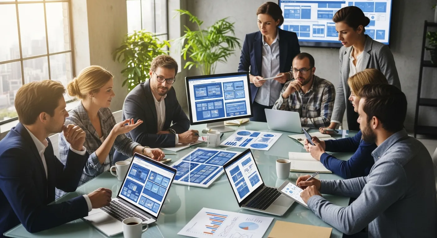 Zespół agencji interaktywnej omawiający strategię tworzenia wizerunku w sieci