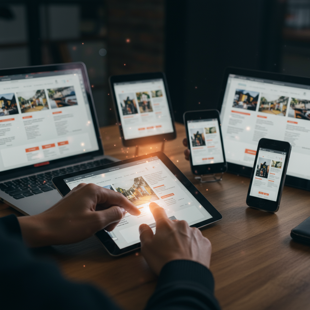 Strona internetowa dostosowująca się do różnych urządzeń mobilnych, symbolizująca responsywność i dostępność.