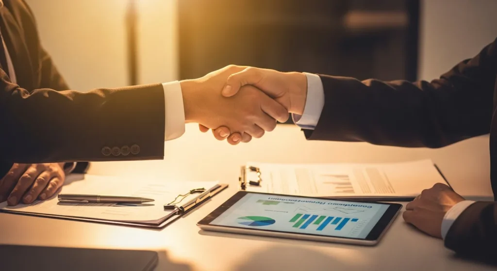 Zadowolony klient ściskający dłoń przedstawiciela agencji po udanej kampanii
