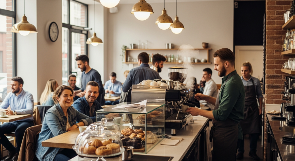 Zatłoczona kawiarnia pełna klientów jako efekt skutecznej wizytówki w Google Maps