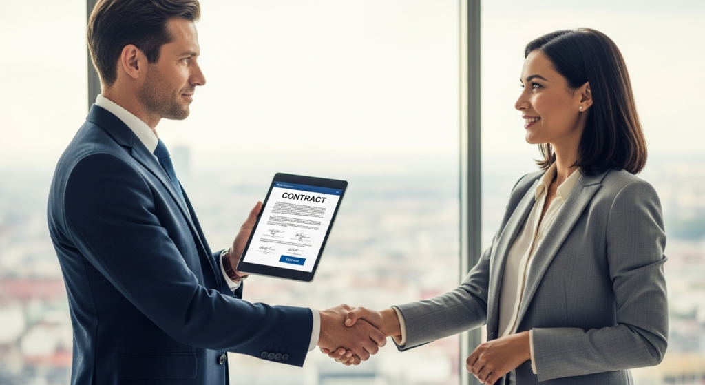 Zadowolony klient podpisujący umowę dzięki skutecznym leadom z content marketingu