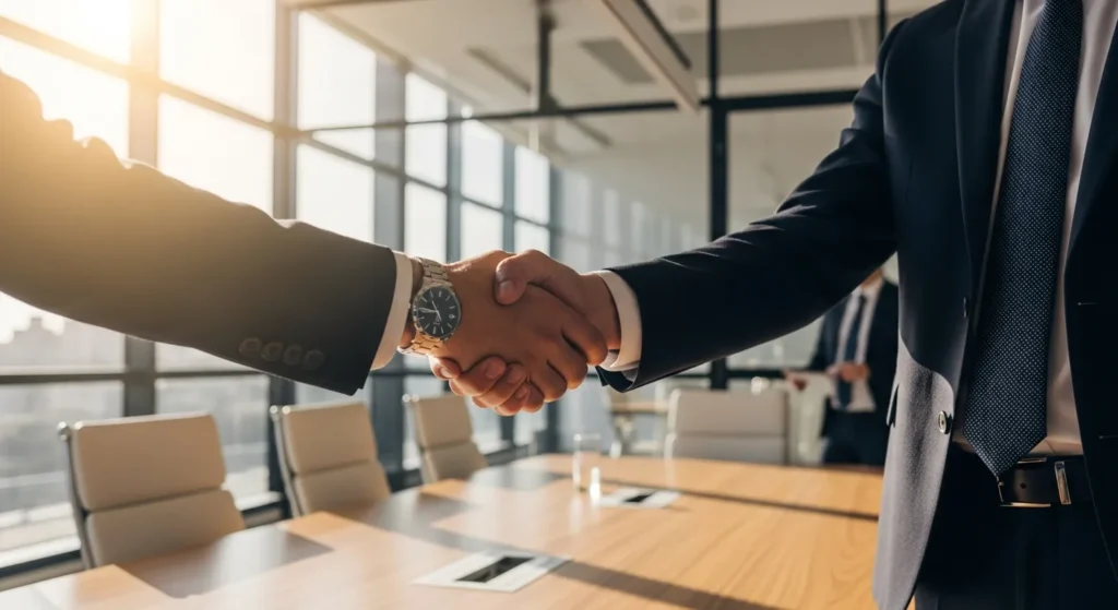 Uścisk dłoni biznesmenów symbolizujący udaną współpracę B2B