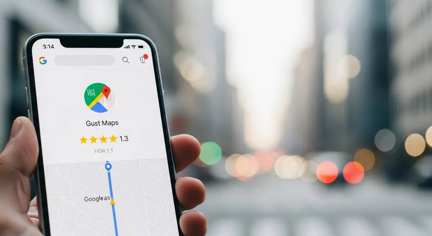 Smartfon wyświetlający zoptymalizowaną wizytówkę Google Maps z 5 gwiazdkami
