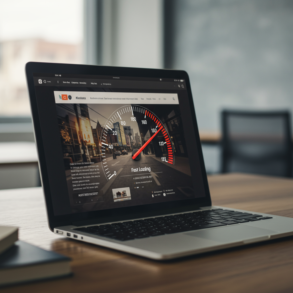 Szybko ładująca się strona internetowa na laptopie z ikoną prędkości, obrazująca wydajność hostingu.
