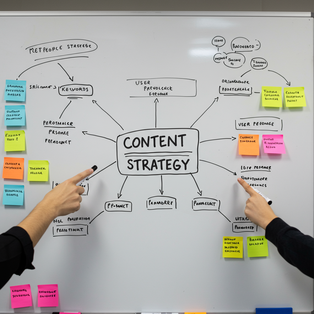 Tablica pełna pomysłów, słów kluczowych i person użytkowników, symbolizująca burzę mózgów i planowanie strategii treści.
