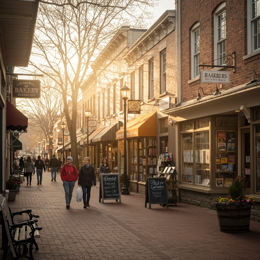 Tętniąca życiem główna ulica małego miasteczka z lokalnymi firmami