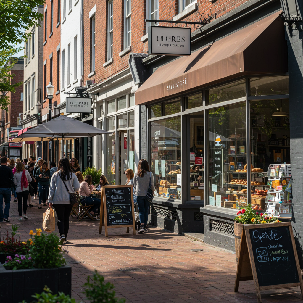 Tętniąca życiem ulica z lokalnymi sklepami i przechodniami