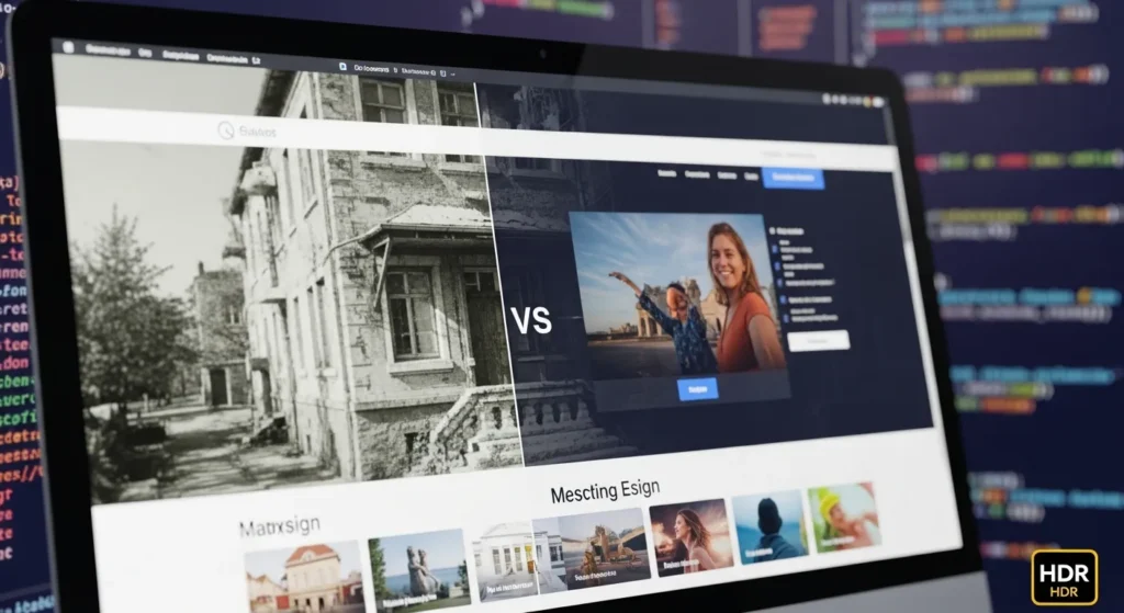 Porównanie starej i nowej strony internetowej na ekranie monitora
