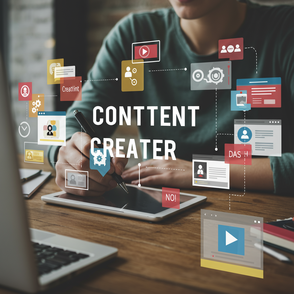 Twórca treści piszący na tablecie, otoczony ikonami mediów społecznościowych i elementami content marketingu