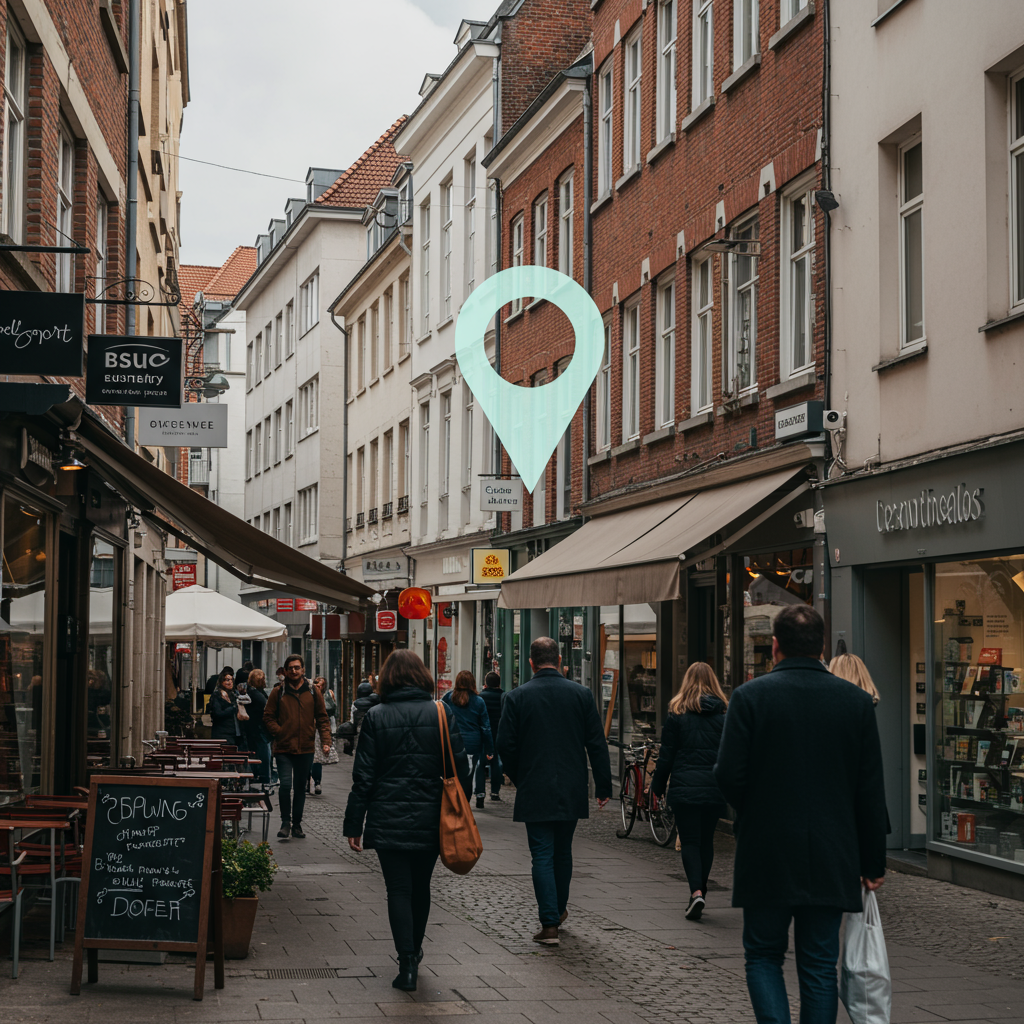 Uliczka w mieście z lokalnymi sklepami i kawiarniami, z subtelną cyfrową ikoną lokalizacji