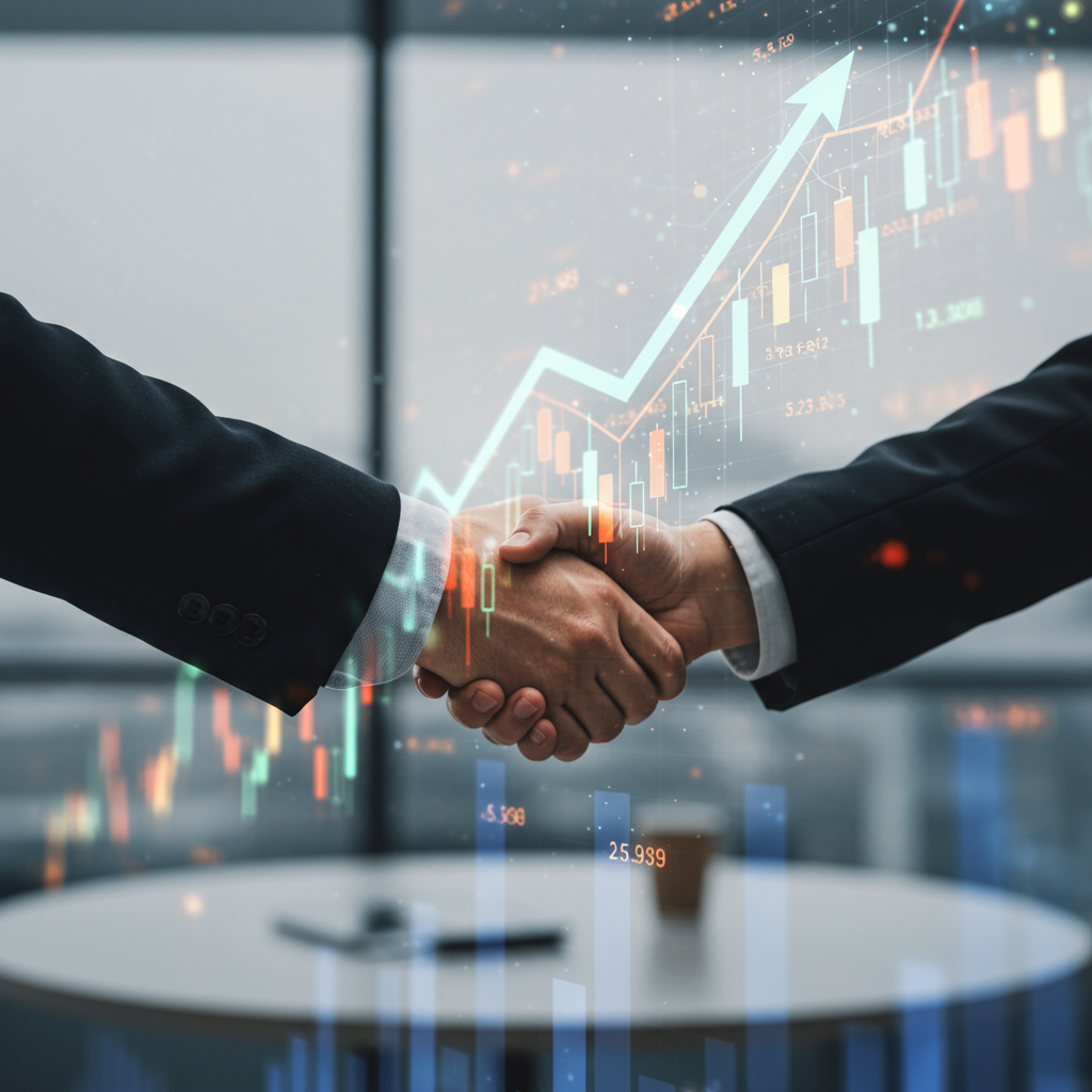 Uścisk dłoni dwóch profesjonalistów biznesowych w nowoczesnym biurze, symbolizujący udaną transakcję sprzedaży domen.