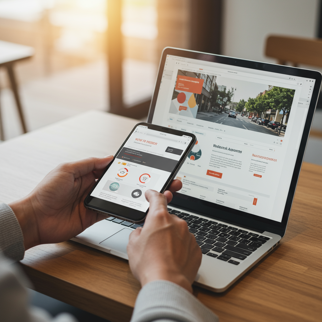Użytkownik przeglądający responsywną stronę internetową na smartfonie i laptopie, podkreślając komfort użytkowania.