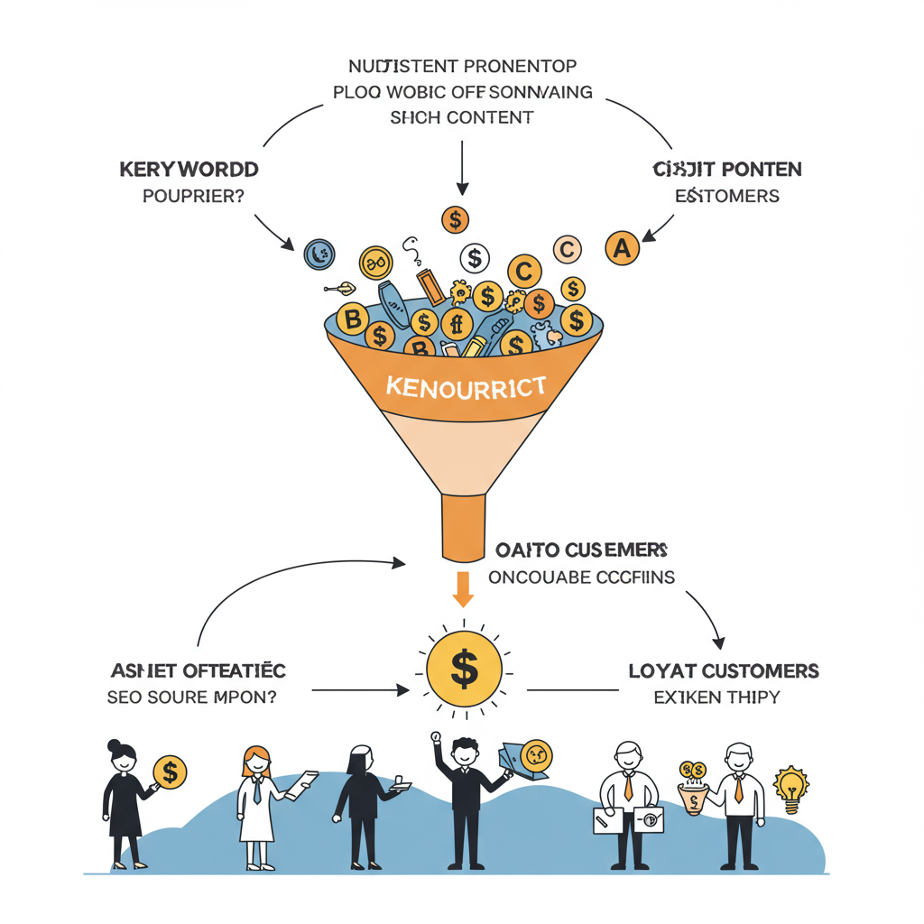 Wizualizacja lejka konwersji przedstawiająca proces SEO copywritingu od słów kluczowych do klientów.