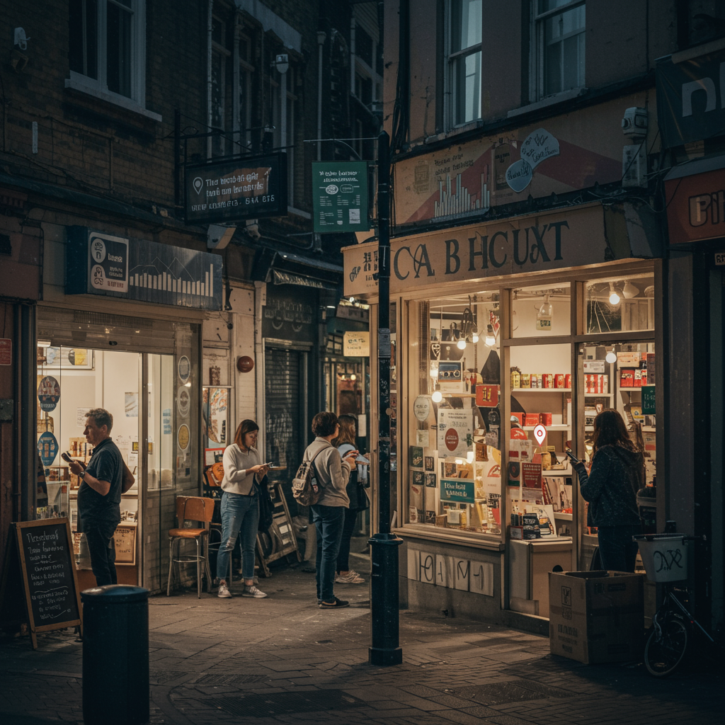 Wizualizacja lokalnego marketingu z elementami cyfrowymi i tradycyjnymi, symbolizująca wzrost biznesu w społeczności.